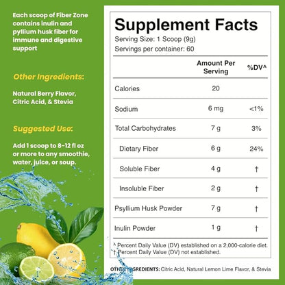 Dr Colbert MD Fiber Zone Powder | Lemon-Lime Flavor | Prebiotics, Isoluble & Soluble Fiber | Psyllium Husk | Inulin | Recommended in Keto Zone Diet & Healthy Gut Zone | 19 oz