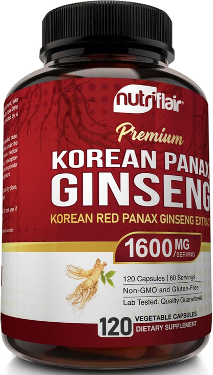 NutriFlair Korean Red Panax Ginseng 1600mg – 120 Vegan Capsules | 5% Ginsenosides | Non-GMO, Gluten-Free | Natural Energy & Focus Support | Made in USA