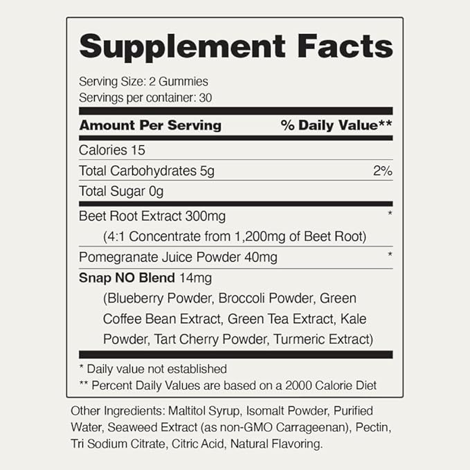Snap Supplements Beet Root Gummies, Nitric Oxide Supplement w/Organic Beets, Vitamins, Pomegranate & Antioxidants for Energy, Heart Health & Circulation Support, 60 Sugar Free Gummies, 2 Pack, Cherry