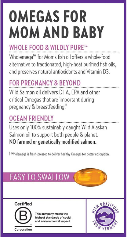 New Chapter Wholemega for Moms Fish Oil Supplement - Prenatal DHA with Omega-3 + Vitamin D3 for Prenatal & Postnatal Support - 180 ct, 500mg Softgels