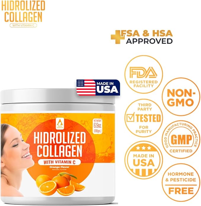 Hydrolyzed Collagen Powder Supplement | Promotes Hair, Nail, Skin, Bone, Joint Health, Gut Health | Hydrolyzed Grass Fed Collagen Peptides |Collagen for Women | 200gr (Orange)