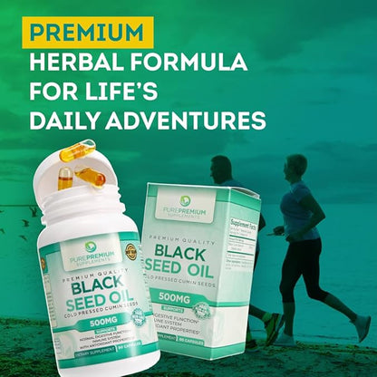 PurePremium Black Seed Oil 500mg - Organic Nigella Sativa Seeds and Cold Pressed Black Cumin Oil Extract - Hair & Skin Supplement for Men and Women - 3 Months Supply - 90 Capsule