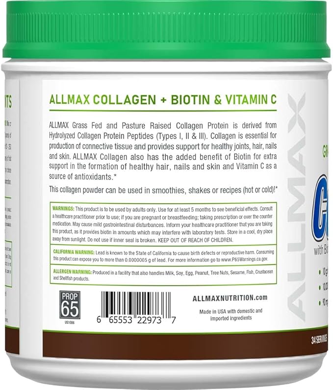 ALLMAX Nutrition Grass Fed & Pasture Raised Collagen with 10,000 mcg Biotin + 90 mg Vitamin C, Chocolate, 15.5 oz (440 g)