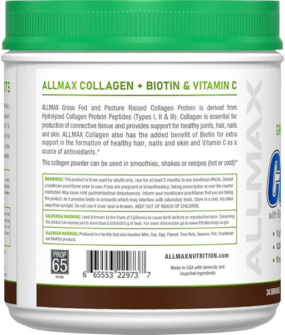 ALLMAX Nutrition Grass Fed & Pasture Raised Collagen with 10,000 mcg Biotin + 90 mg Vitamin C, Chocolate, 15.5 oz (440 g)