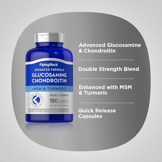 Piping Rock Glucosamine Chondroitin MSM and Turmeric | 180 Capsules | Complex Supplement | Advanced Double Strength Formula | Non-GMO, Gluten Free
