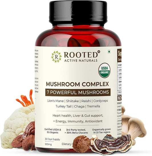 ROOTED Active's Mushroom Complex - Ayurveda Lions Mane, Reishi, Cordyceps, Chaga, Turkey Tail, Shiitake and Tremella - 1000 MG (60 Capsules, 30 Day Supply)