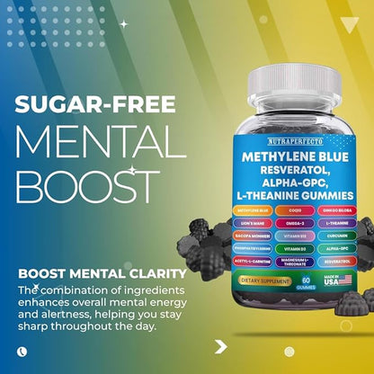Sugar Free Methylene Blue Gummies Supplement with L-Theanine, DIM, Myo-Inositol, D-Chrio, Choline, DHA for Mental Clarity, Focus, Brain, Memory, Cognitive Support Vitality Performance Neuroprotection