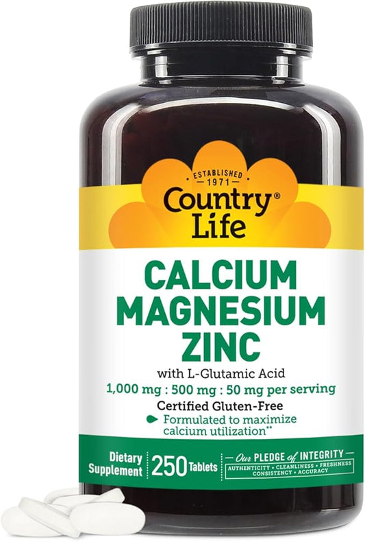 Country Life Calcium Magnesium Zinc with Vitamin D3 and L-Glutamic Acid, Dietary Supplement for Bone Support, Certified Gluten Free, 1000mg/500mg/50mg, 250 Tablets