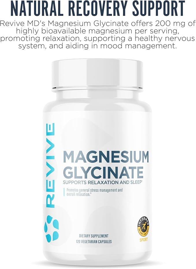 Revive MD Pure Magnesium Glycinate Capsules 200mg High Absorption Supplement for Relaxation & Stress Relief - Organic Memory & Sleep Support Pills for Strong Bones, Normal Nerve & Muscle Function
