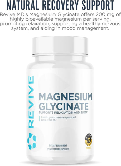Revive MD Pure Magnesium Glycinate Capsules 200mg High Absorption Supplement for Relaxation & Stress Relief - Organic Memory & Sleep Support Pills for Strong Bones, Normal Nerve & Muscle Function