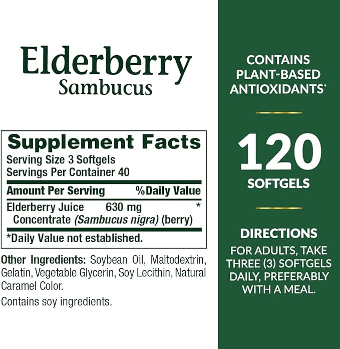 Nature's Bounty Sambucus Elderberry Herbal Supplement, Rapid Release Softgels, 630 mg per Serving, 120 Count