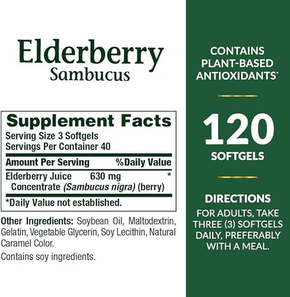 Nature's Bounty Sambucus Elderberry Herbal Supplement, Rapid Release Softgels, 630 mg per Serving, 120 Count