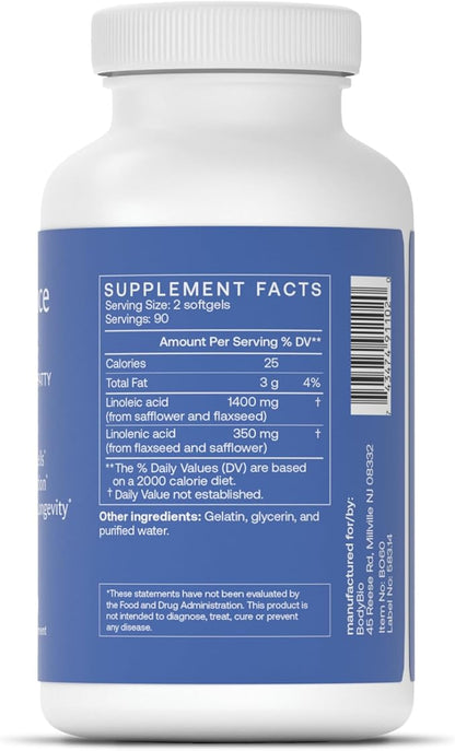 BodyBio Omega Oils 3 & 6 - Essential Fatty Acids for Brain and Heart Health | Organic Safflower and Flax Seed Oil Blend | Cold-Pressed Oils | DHA EPA | Balance Oil 180 Softgel