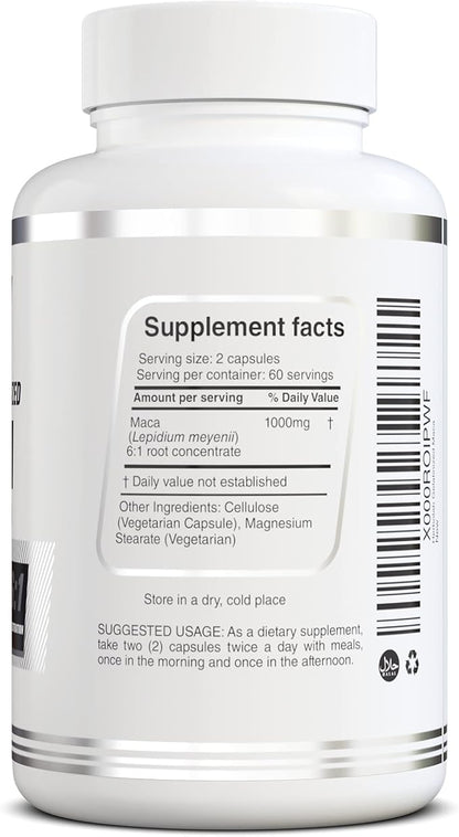 Peruvian Maca Root Powder Capsules for Men and Women with Organic Black Maca, Red Maca, Yellow Maca Root Extract Capsules, Gelatinized 2000 mg Per Day, Lepidium Meyenii, Peruvian Ginseng, Vegan Pills
