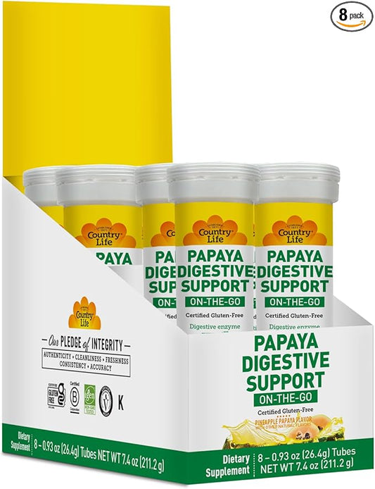 Country Life Chewable Papaya Digestive Enzyme – 8 Pack | Pineapple Papaya Flavor | On-The-Go Digestive Support with Papain, Protease & Amylase | Certified Vegan, Gluten-Free, Non-GMO, Kosher