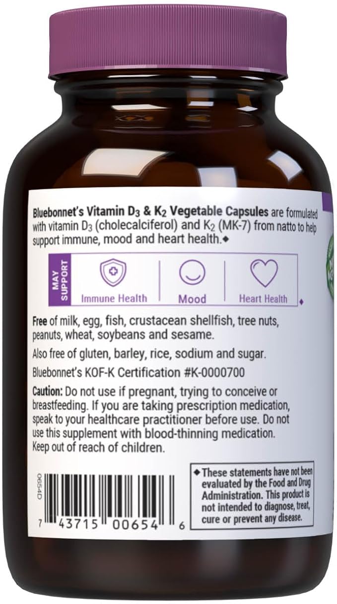 Bluebonnet Nutrition Vitamin D3 & K2, Soy-Free, for Strong-Healthy Bones*, Gluten-Free, Non-GMO, Dairy-Free, Kosher Certified, Vegetarian, 60 Vegetable Capsules, 60 Servings