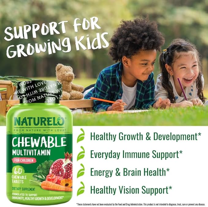 NATURELO Chewable Vitamin for Kids – Multivitamin with Whole Food Organic Fruit Blend - 60 Tablets for Children (Pack of 2)