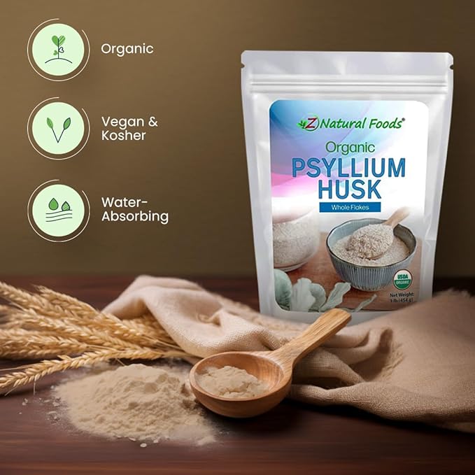Z Natural Foods Organic Whole Psyllium Husk Flakes, a Natural Fiber Supplement, Mix It Into Smoothies, Juice, Non-GMO, Vegan, Gluten-Free, Kosher, 3 lb.