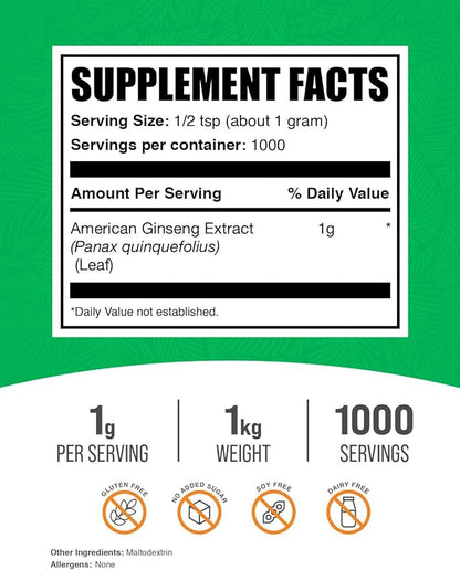 BulkSupplements.com American Ginseng Extract Powder - Ginseng Supplement, Herbal Supplements - Gluten Free, 1g per Serving, 1kg (2.2 lbs) (Pack of 1)