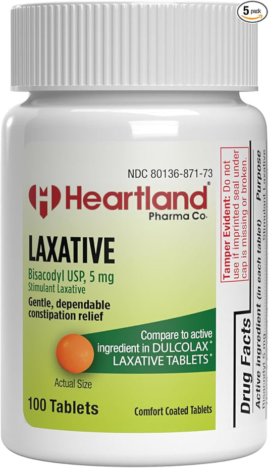Bisacodyl 5mg | EC Overnight Relief Laxative Tablet |Constipation Relief Tablets |Digestive Relief Tablets |USA Manufactured | 100 Count | 5-Pack