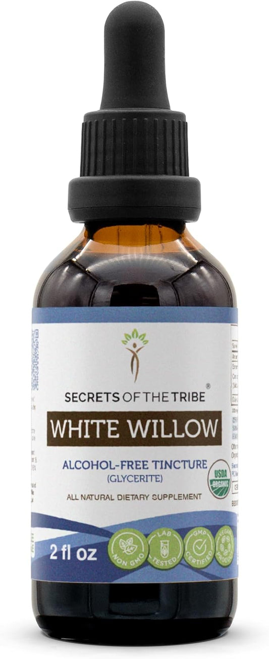 Secrets of the Tribe White Willow USDA Organic | Alcohol-Free Extract, High-Potency Herbal Drops, Joints and Muscles | Made from 100% Certified Organic White Willow (Salix Alba) Dried Bark 2 oz