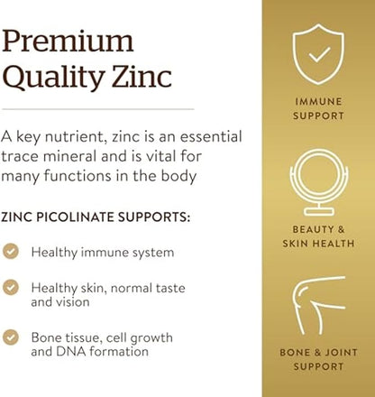 Solgar Zinc Picolinate 22 mg, 100 Tablets - Promotes Healthy Skin - Supports Immune System, Normal Taste & Vision - Antioxidant - Non GMO, Vegan, Gluten Free, Dairy Free, Kosher - 100 Servings