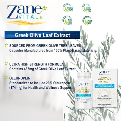 Zane Greek Olive Leaf Extract - min. 20% Oleuropein - Provides Immune and Healthy Blood Pressure Support, Promotes Cardiovascular System Health - 60 Capsules Non-GMO, Gluten - Lactose – Paraben Free