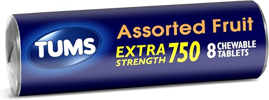 TUMS Extra Strength Antacid Tablets for Chewable Heartburn Relief and Acid Indigestion Relief, Assorted Fruit Flavors - 8 Count Roll