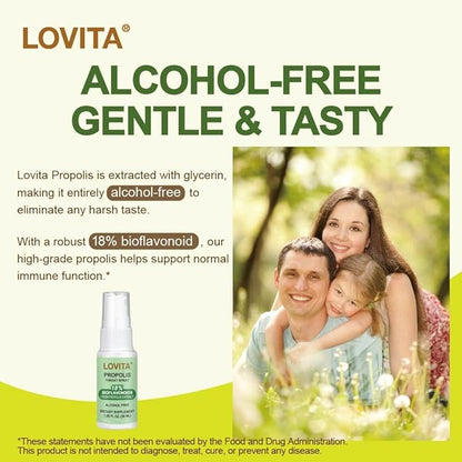 Lovita Propolis Throat Spray, 18% Bioflavonoids, Sore Throat Relief, Alcohol-Free, Gentle and Tasty, 1 Fl Oz