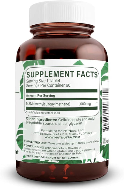 Natural Nutra OptiMSM, MSM Supplement with Sulfur, Cartilage Health, Prevent Thinning Hair, Increase Joint Flexibility and Bone Health, Support Fluid Balance, Weight Loss, 1000 mg, 60 Vegan Tablets