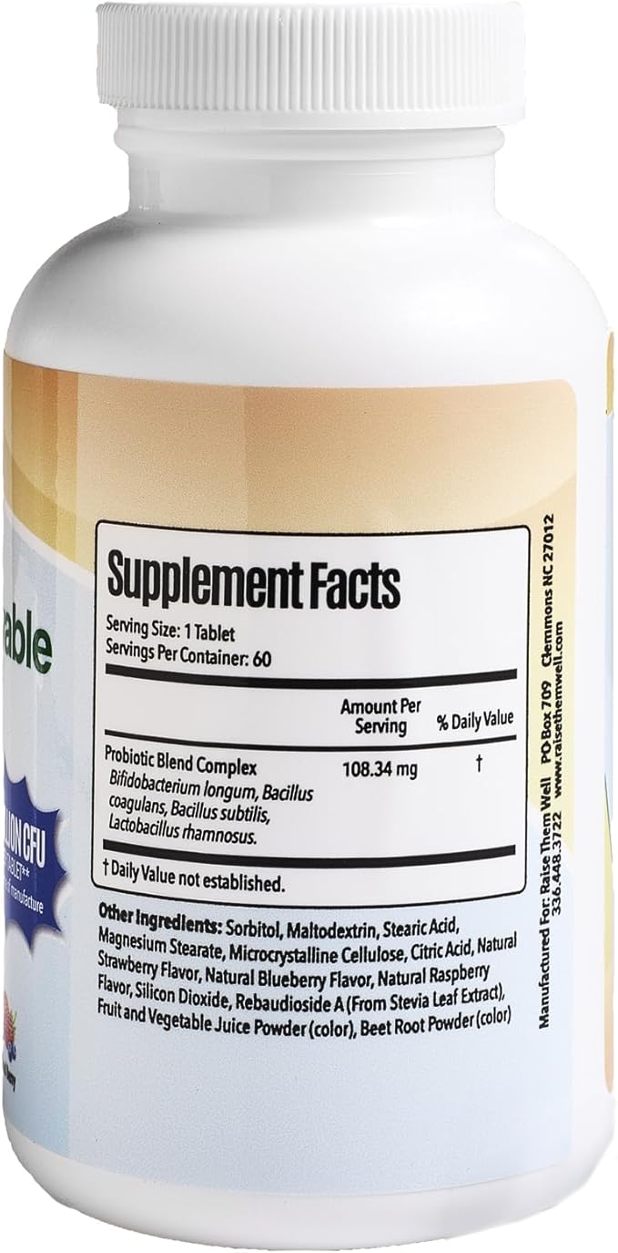 Children’s Probiotic, Chewable Gut Health Tablets for Kids, Supports Digestion, Immunity & Nutrient Absorption, No Artificial Additives, Mixed Berry, 60 Servings