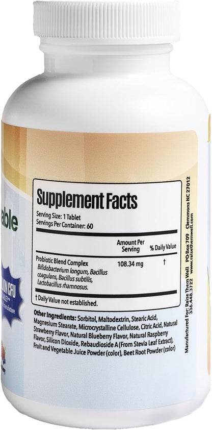 Children’s Probiotic, Chewable Gut Health Tablets for Kids, Supports Digestion, Immunity & Nutrient Absorption, No Artificial Additives, Mixed Berry, 60 Servings