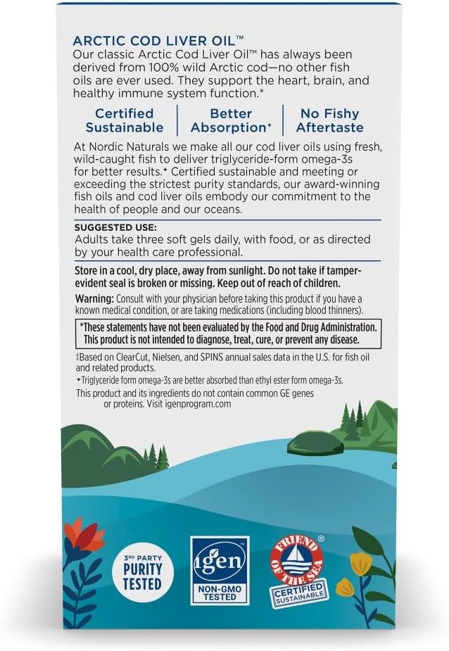 Nordic Naturals Arctic Cod Liver Oil, Lemon - 180 Soft Gels - 750 mg Total Omega-3s with EPA & DHA - Heart & Brain Health, Healthy Immunity, Overall Wellness - Non-GMO - 60 Servings