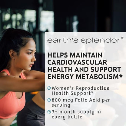 Earth's Splendor Folic Acid 800 mcg Dietary Supplement, Supports Heart Health, Supports Women's Reproductive Health, Smooth Coated Tablets (800 mcg, 200 Tablets, Pack of 2)