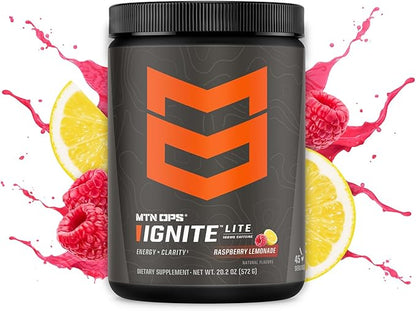MTN OPS Ignite Lite Energy Drink Powder Gluten Free Nitric Oxide Supplement Drink Mix, L Arginine, L Citrulline, Caffeine & Nootropic Sugar Free Drink Mix, 45 Servings, Raspberry Lemonade