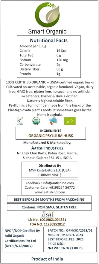Smart Organic, Organic Psyllium Husk, Keto Friendly, Vegan, Gluten-Free, USDA Certified Organic, Non-GMO, Soluble & Insoluble Fiber Source 8 Ounce.