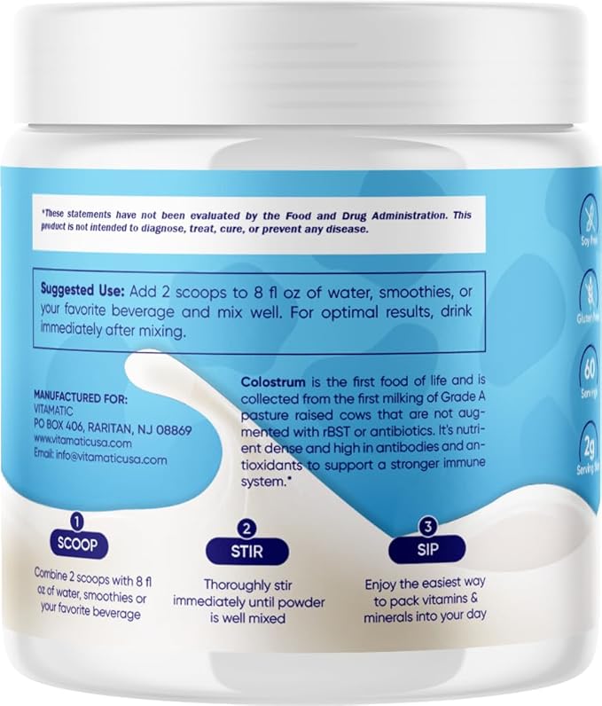 Vitamatic Bovine Colostrum Powder - 50% Highest IgG - Supplement for Gut Health, Hair Growth, Beauty, Muscle Recovery, & Immune Support - Easy to Mix - Unflavored - 60 Servings