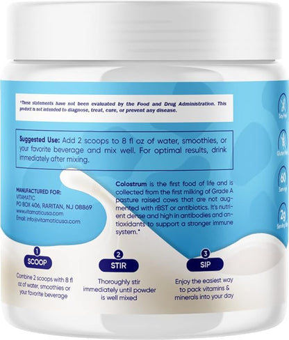 Vitamatic Bovine Colostrum Powder - 50% Highest IgG - Supplement for Gut Health, Hair Growth, Beauty, Muscle Recovery, & Immune Support - Easy to Mix - Unflavored - 60 Servings