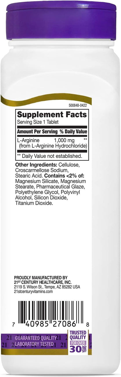 21st Century L-Arginine 1000mg, Maximum Strength 100 ea (Pack of 2)