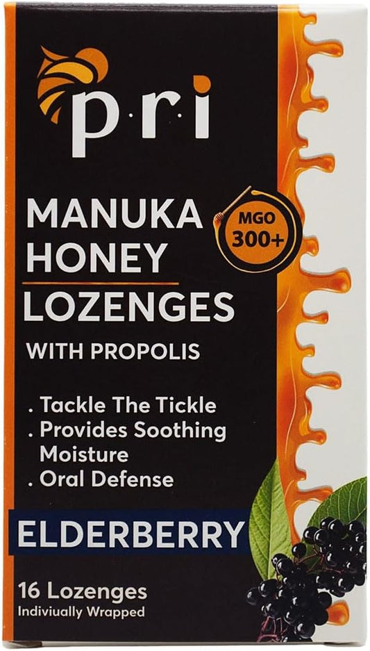 P.R.I Manuka Honey Lozenges with Propolis, Soothing Cough and Throat Drops, MGO 300+ Certified, (Elderberry, 16 Count)