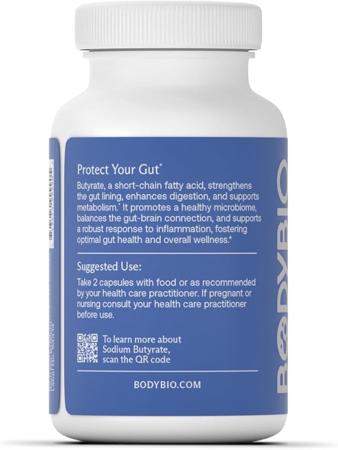 BodyBio Butyrate Supplement - Postbiotic for Gut Microbiome Health, Digestion and Regulation Support - Butyric Acid with Sodium - 100 Capsules