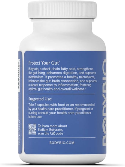 BodyBio Butyrate Supplement - Postbiotic for Gut Microbiome Health, Digestion and Regulation Support - Butyric Acid with Sodium - 100 Capsules