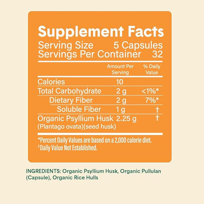 Bellway Super Fiber Capsules - USDA Organic Psyllium Husk Capsules - Daily Psyllium Husk Fiber Supplement for Digestive Health and Regularity - Plant Based, Non-GMO, Kosher - 160 Capsules