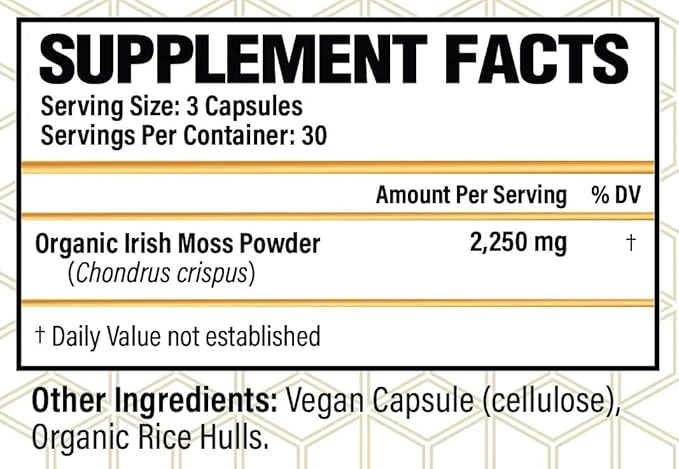 Irish Moss - Organic Wild Crafted Irish Sea Moss Capsules, Healthy Skin, Gut Health, Healthy Immune Function, 90 Vegan Capsules
