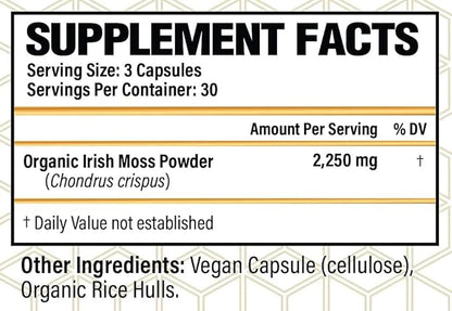 Irish Moss - Organic Wild Crafted Irish Sea Moss Capsules, Healthy Skin, Gut Health, Healthy Immune Function, 90 Vegan Capsules