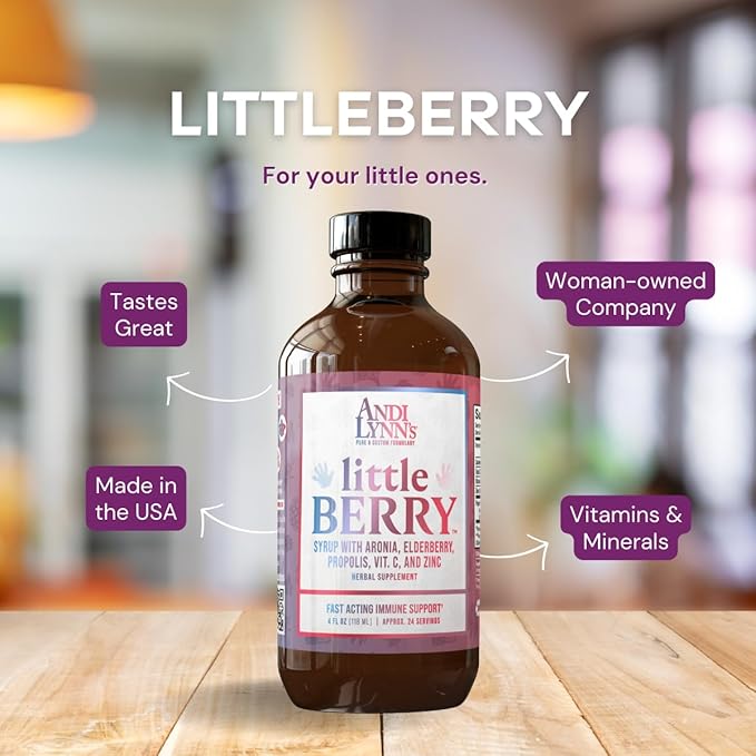 Andi Lynn’s LittleBerry, Elderberry Syrup for Kids - Organic Vitamin C & Zinc, Herbal Supplement - Fast-Acting Immune Support, 4oz - Pure Elderberry Syrup for Children's Wellness