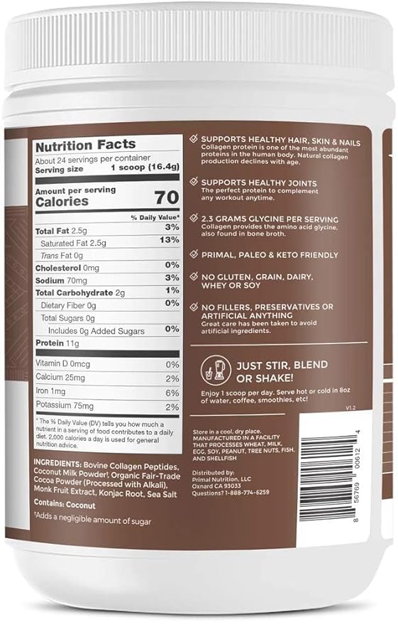 Primal Kitchen Collagen Peptide Drink Mix, Collagen Fuel, Chocolate Coconut, 13.9 oz (394 g)