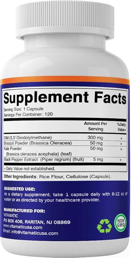 Vitamatic DIM Supplement Complex for Women & Men - 300mg - 120 Veg Capsules - Made with Black Pepper, Broccoli Powder & Kale Powder - Non-GMO & Gluten Free - Supports Hormonal Balance