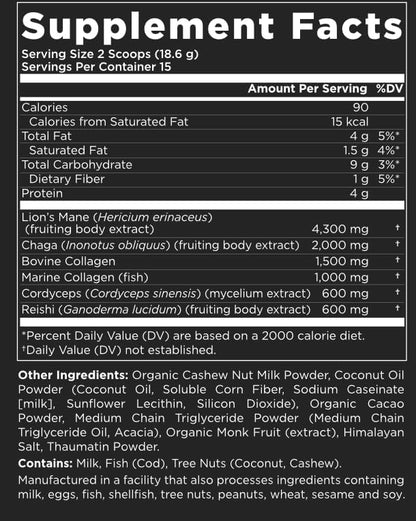 Collagenius v2.0 - Nootropic Blended Powder of 4 Mushrooms: Lions Mane, Reishi, Chaga, Cordyceps with Collagen & Superfoods - Brain Supplement (15 Servings)