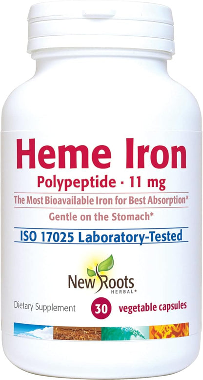 New Roots | Natural Heme Iron Supplement with Vitamin C, B12, & Folate,| Ferritin Supplement for Energy, Focus, and Endurance | Raise Hemoglobin & Ferritin for Women, Low-FODMAP (30 Capsules)